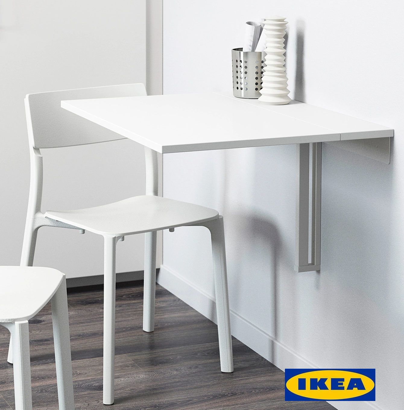 IKEA NORBERG โต๊ะพับยึดผนัง ชั้นวางของ ประหยัดพื้นที่ ไม้จริง สีขาว
