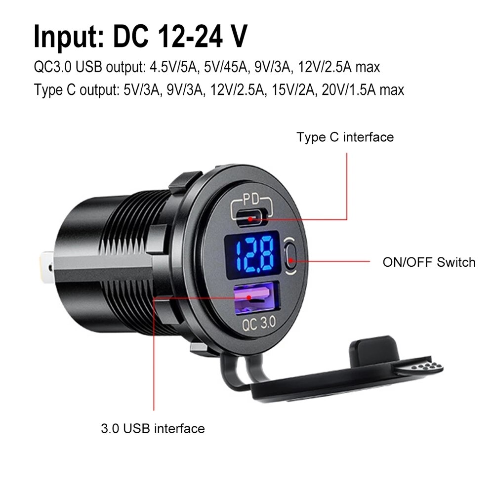 48W USB Type C Car Usb Charger Socket 12V/24V Dual USB Outlet PD3.0&QC3.0 Car Socket with LED Voltmeter and ON/Off Switch Fast C