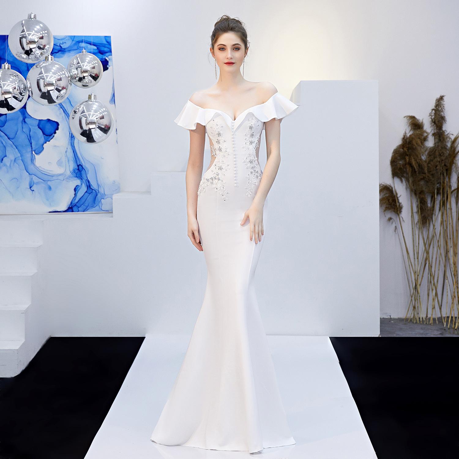White Elegant One-Shoulder Sexy Mermaid skirt Floor-Length Evening Gown White Elegant Evening Dress