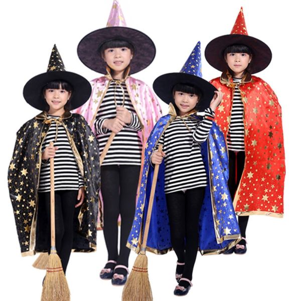 GFHGVF Quần áo Phù thủy Bộ mũ áo choàng Hóa trang Mũ sao Bọn trẻ Halloween Hiển thị trang phục Áo choàng Halloween Áo choàng cosplay Trang phục biểu diễn