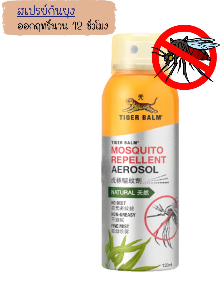 สเปรย์ป้องกันยุงไม่มีสารเคมี ตราเสือ TIGER  ชนิดแห้งทันที DEET FREE  (Mosquito Repellent Aerosol Spray ขนาด 120 ml.)