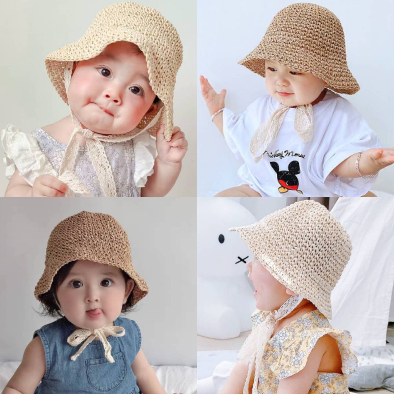 [พร้อมส่ง]หมวก หมวกเด็ก หมวกสานเด็ก 10เดือน-5ปี รอบหัว:51-53 cm.หมวกเด็กเล็ก หมวกเด็กหญิง หมวกสานผูกคาง หมวกปีกรอบ หมวกแฟชั่น หมวกกันแดด