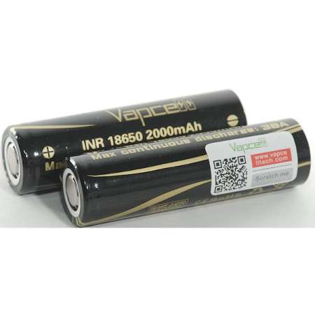 ถ่านชาร์จ Vapcell 18650 สีดำ ความจุ 2000 MAh  38A จำนวน 2 ก้อน ของแท้ แถมกระเป๋าใส่ถ่าน 1 ใบ