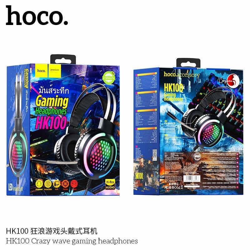 ☑☊Hoco HK100 แบบพกพาสายหูฟังเล่นเกม Over-ear สเตอริโอเพลงกีฬาชุดหูฟังพร้อมไมโครโฟน (แท้100%)