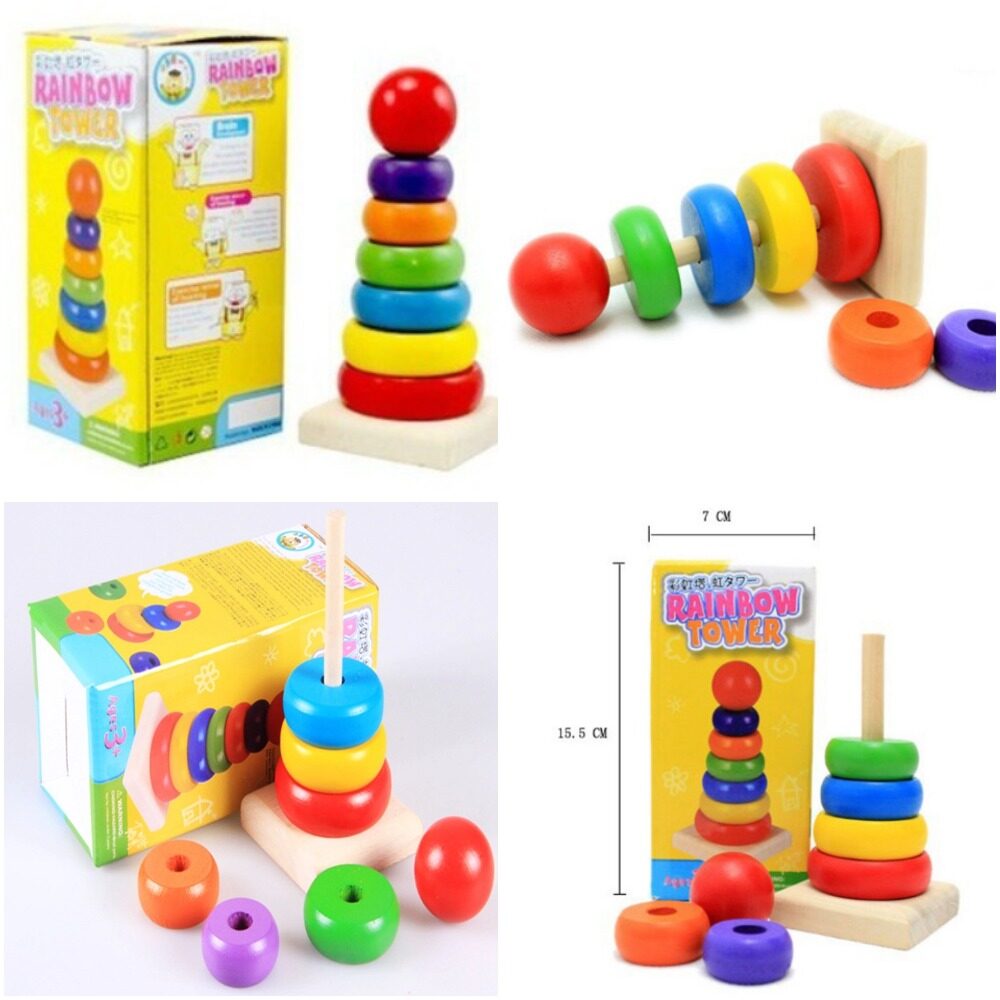 ของเล่นไม้เสริมพัฒนาการแหวน Rainbow สำหรับทารกและเด็กเล็ก   Wooden Rainbow Stacking Rings Developmental Toys Gifts for Babies and Toddlers