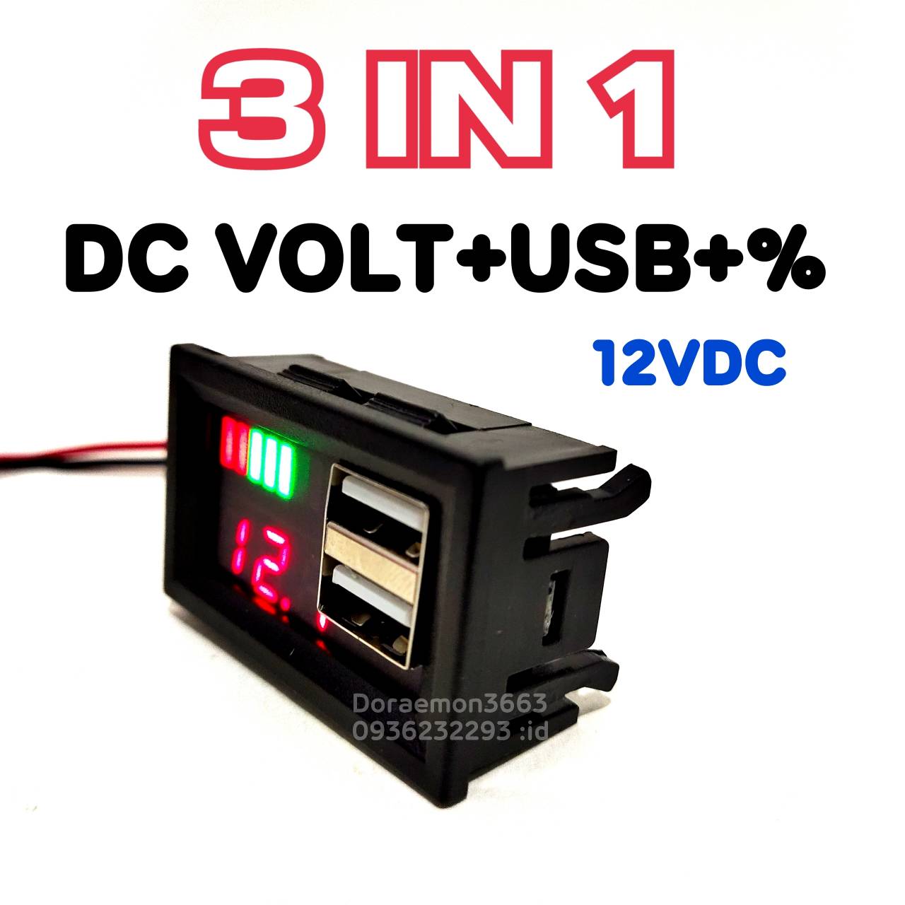 3IN1 12VDC DC VOLT+USB+% วัดโวลท์ภายใน วัดแบต รถยนต์มิเตอร์ วัดปริมาณแบตเตอรี่ ไฟสีแดง ต่อกับแบตเตอรี่ 12v เท่านั้น