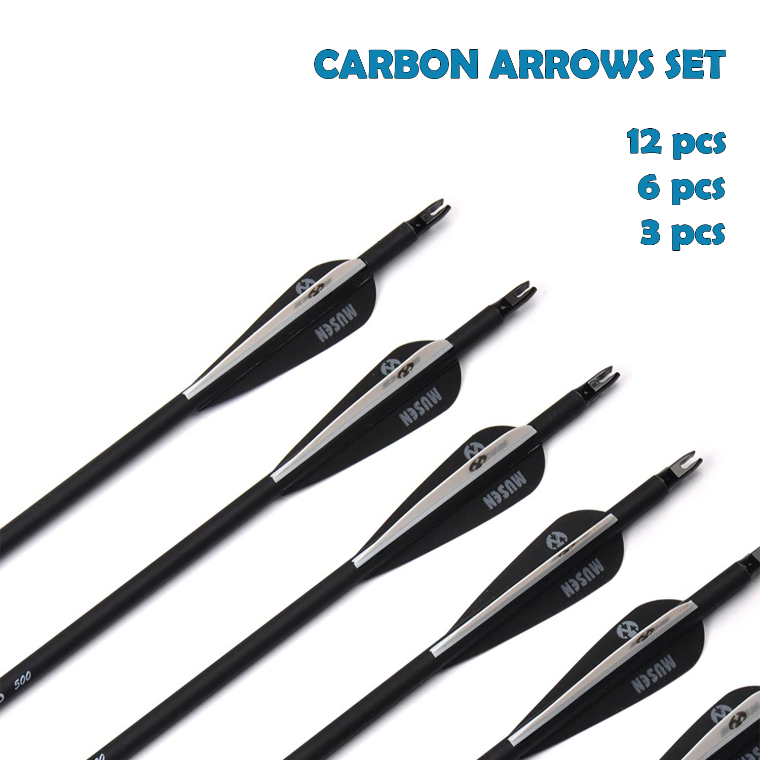 3 - 12 Pcs MSTJ-78HS Mixed carbon Arrows Spine 500 , 30 Inches Diameter 7.8 Removable Arrow heads with plastic Feather