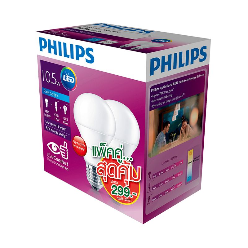 ฟิลิปส์ หลอดไฟขั้ว E27 LED Bulb 10 วัตต์ แสงขาว 2 หลอด/Philips bulb, E27 LED Bulb 10 watts, 2 white light