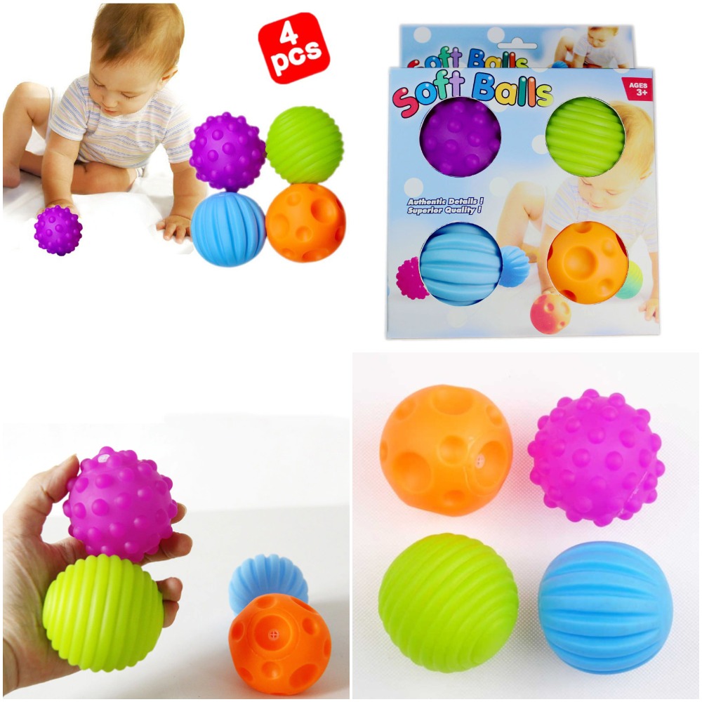 ชุดลูกบอลส่งเสียงดังเอี้ย, สีสันสดใสและมีเอกลักษณ์ไม่ซ้ำใครลูกบอลของเล่นเด็ก 4 ลูกลูกบอลเสริมทักษะการสัมผัสเด็กๆ   Squeaky Ball Set, Colorful and Unique Design Balls Kids Toy, 4 Balls