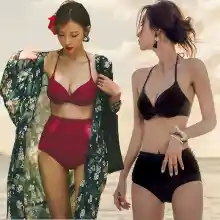 ภาพขนาดย่อของสินค้าทูพีช บิกินี่ สตาร์เกาหลี มีโครง เอวสูง ชุดว่ายน้ำ เนื้อผ้าดี มี 2 สี พร้อมส่งTwo Peace Bikini with High Waist and Brassiere Pad St Lovely Swimwear