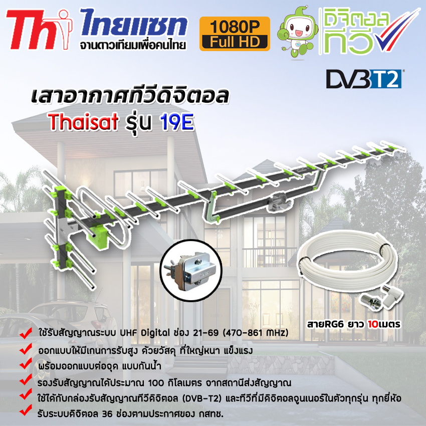 เสาอากาศทีวีดิจิตอล Thaisat Antenna รุ่น 19E พร้อมสายRG6 ยาว 10เมตร