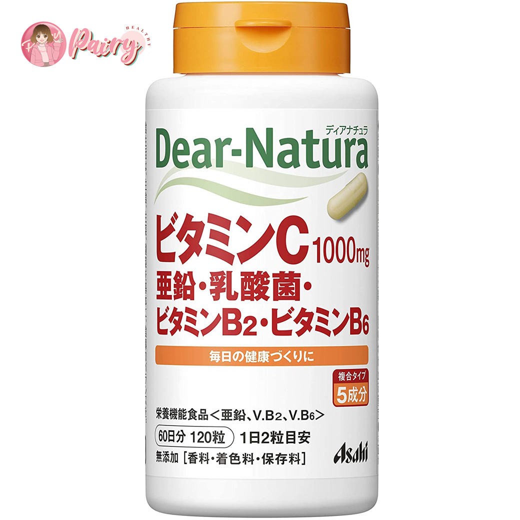 Asahi Dear-Natura Vitamin C 1000mg สูตรผสม Zinc, Lactic acid bacteria, B2, B6 (120 เม็ด)