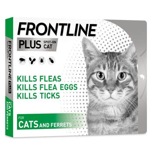 Frontline Plus Cats ฟร้อนท์ไลน์ สำหรับหยอดกำจัดหมัด แบบหยอดกำจัดหมัด หยอดหลังคอ กำจัด เห็บ หมัด แมว อายุ 8 สัปดาห์ขึ้นไป บรรจุ 3 หลอด  EXP.12-2022