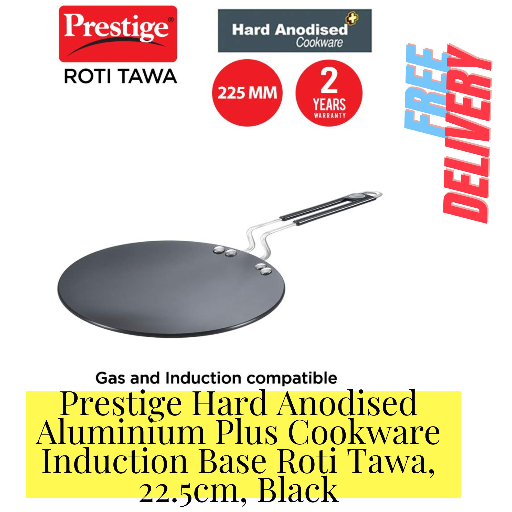 Prestige Hard Anodised Plus Cookware Gas & Induction Base Roti Tawa Black,  225mm