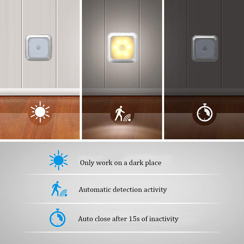 Battery Powered 6 LED Square Motion Sensor Night Lights PIR Induction ...