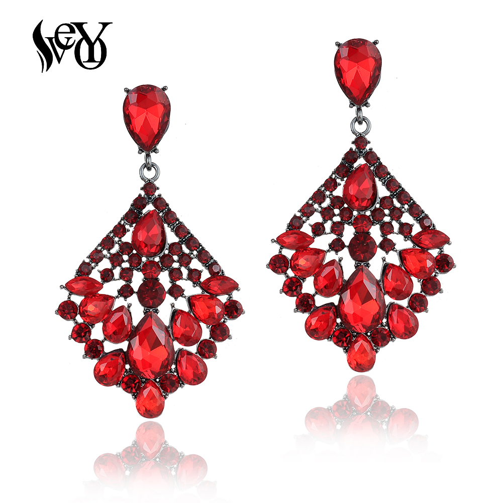 Veyo Luxury Rhinestone Crystal Drop Earrings Red Color Bridal Big Dangle Earrings For Women T