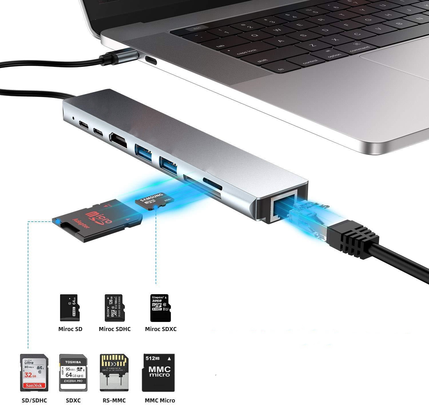 8 in 1 Type C Hub 4K HDMI Output 2 USB 3.0 Port SD/TF Card Reader USB-C Converter Multi-port Adapter for MacBook Pro Samsung Galaxy S9/S8 Plus Huawei Mate 10/P20 Type C