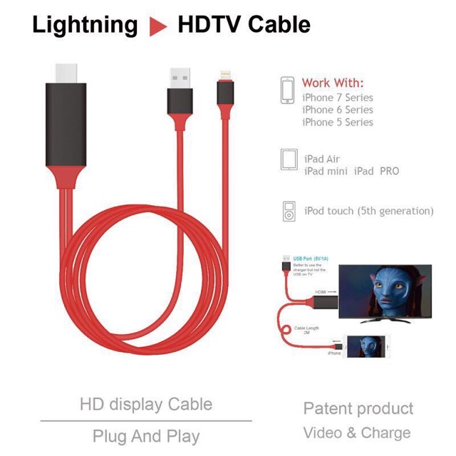 Lightning HDTV HDMI iPhone สาย iPhone To HDMI TV เชื่อมต่อ กับทีวี Lightning to HDMI Cable ใช้ได้ทุก ios (2 m/red)
