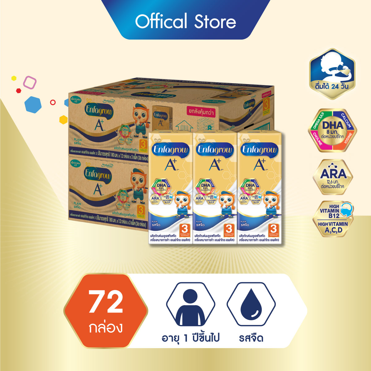 [UHT] เอนฟาโกร เอพลัส สูตร 3 รสจืด นมกล่อง ยูเอชที สำหรับ เด็ก 36 กล่อง จำนวน 2 ลัง Enfagrow A+ Formula 3 Plain UHT Milk for Baby Kids Wholesales 36 units 2 cases