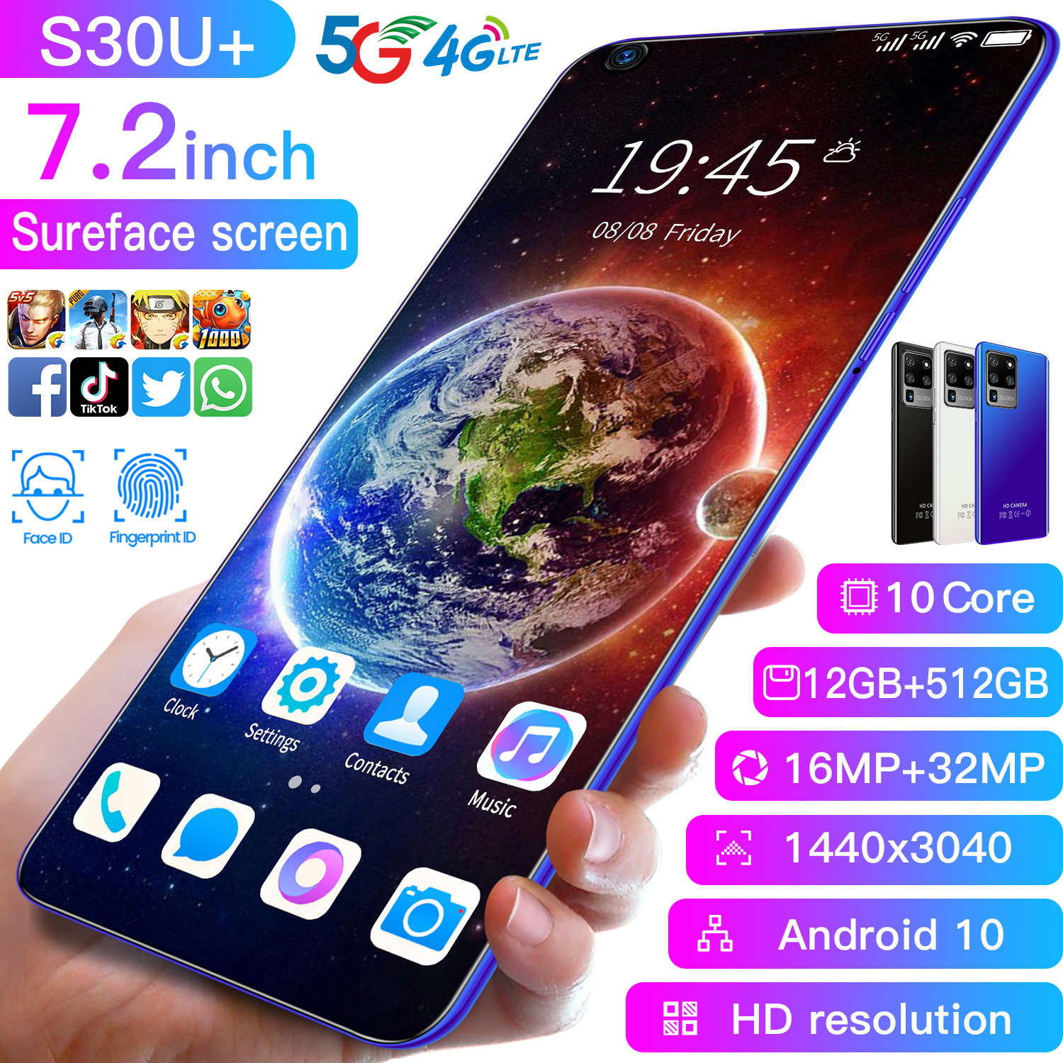 โทรศัพท์มือถือ Sansumg S30u Plus 7.2นิ้ว 12G+512G Full HD กล้องหน้า 24MPกล้องหลัง 48MP แบตฯอึด 4,800mAh ปลดล็อกด้วยใบหน้า ใช้แอพธนาคารได้