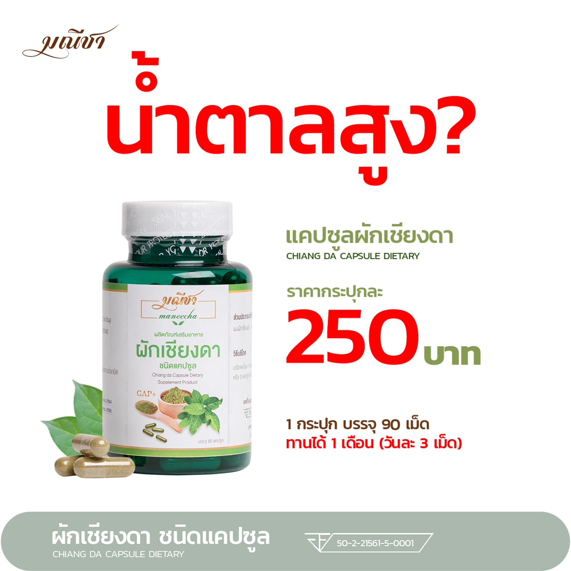 น้ำตาลสูง? ผักเชียงดาชนิดแคปซูล 90แคปซูล/กระปุก ตรา มณีชา ออร์แกนิค100% ส่งฟรี มี อย. มีเวลาน้อย ก็ดูแลสุขภาพได้ ยิ่งซื้อ ยิ่งลด ซื้อ >5 ทัก