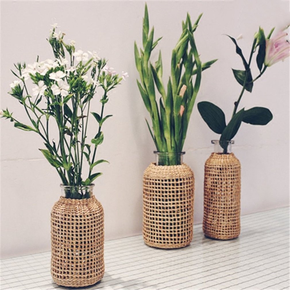 Home Sturdy Handmade Rattan Flower Vase Straw Bottle Holder For Home