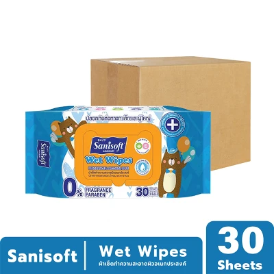[ยกลัง!!48ห่อ] Sanisoft Wet Wipes 30's / แซนนิซอฟท์ ผ้าเช็ดทำความสะอาดผิวอเนกประสงค์ 30แผ่น/ห่อ