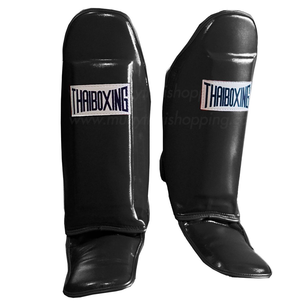 Timmoo Shop อุปกรณ์นักมวย THAIBOXING สนับแข้งมีปลายขาหนังเทียม สีดำ ชกมวย มวยไทย  ต่อยมวย นักมวย Boxingอุปกรณ์ออกกำลังกาย