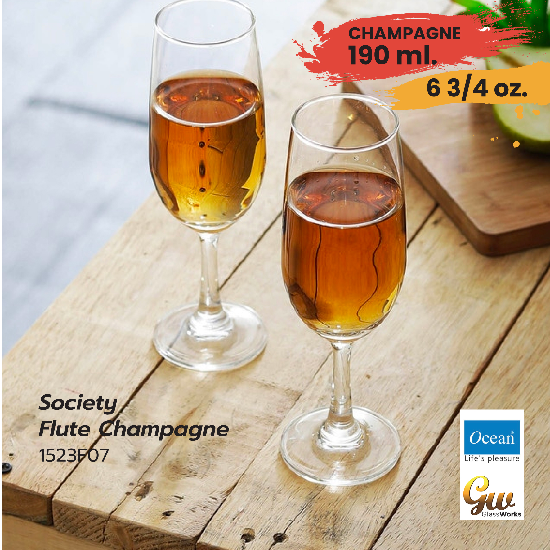 แก้วไวน์ แชมเปญ แก้วโอเชี่ยน Champagne Glass Ocean Glass 6 3/4 oz (190 ml)1523F07  Society Flute Champagne pack 1 pcs.