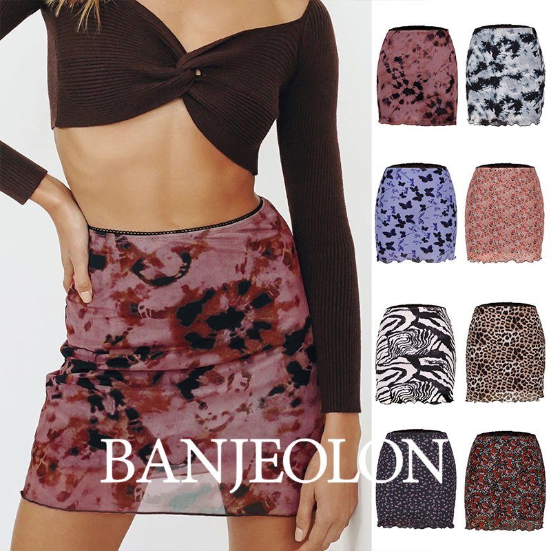 BANJEOLON Printed Mesh Skirt High Waist Hip Skirt Pocket Slim Cross