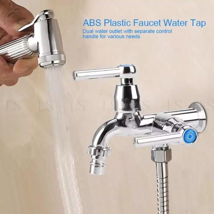 ABS Washing Machine Faucet Sink Basin Water Tap with Double Spout&Handle G1/2 Tail Handle