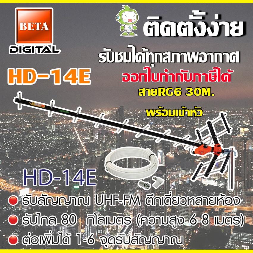 เสาอากาศดิจิตอลทีวี BETA UHF รุ่น HD-14E พร้อมสายRG6 ยาว30เมตร