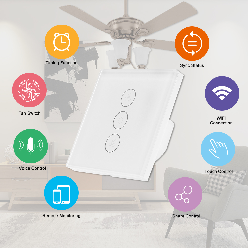 Tuya WiFi Smart Ceiling Fan Switch US/AU Smart Touch Switch Timer APP