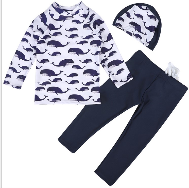 CB ❤️สินค้าพร้อมส่ง❤️ เซต 3 ชิ้น เสื้อ+กางเกง +หมวก ชุดว่ายน้ำเด็กชาย ลายปลาฉลาม ผ้าว่ายน้ำเนื้อดี  รุ่น 211