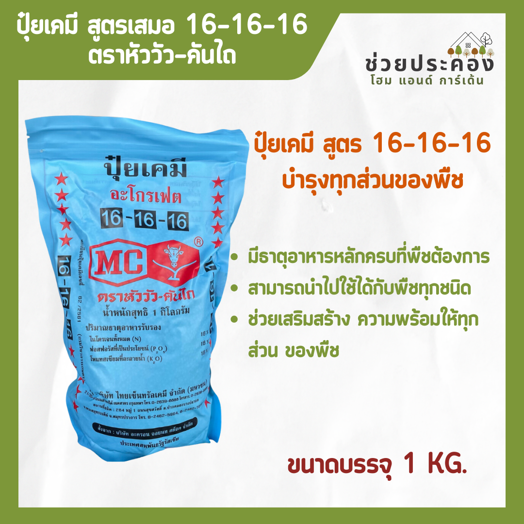 ปุ๋ยสูตร 16-16-16 1 กก. ตราหัววัวคันไถ เร่งต้น เร่งใบ ใส่ผัก ผลไม้ ไม้ ...