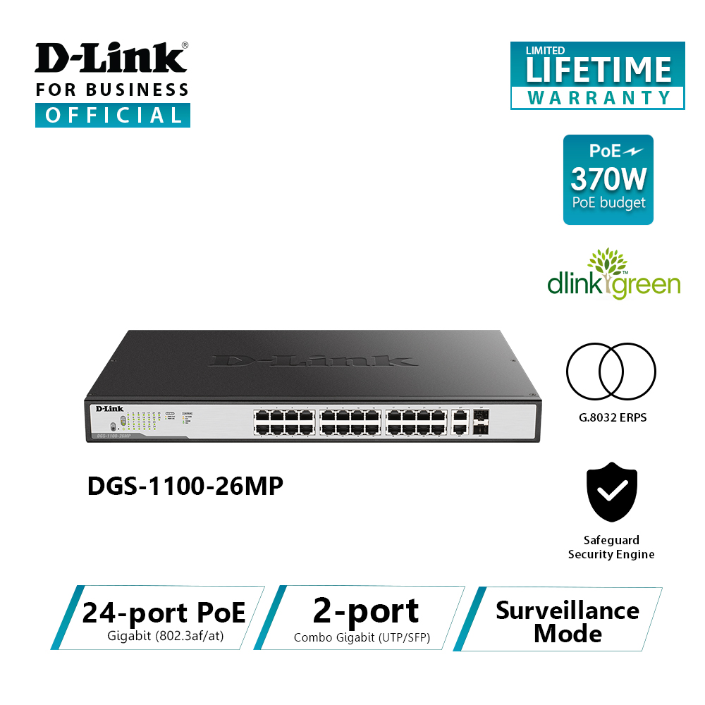 D-Link DGS-1100-26MP 26-Port PoE Gigabit Smart Managed Switch ราคา 23,970 บาท*ส่งฟรี