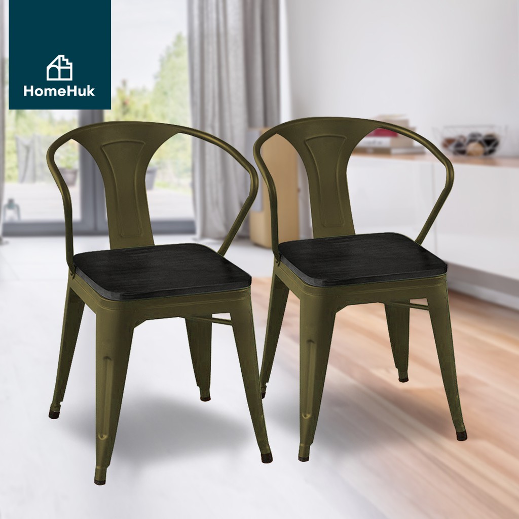 [ส่งฟรี มาใหม่ 1แถม1] HomeHuk เก้าอี้เหล็ก อาร์มแชร์ มีที่วางแขน ที่นั่งไม้ ซ้อนได้ เก้าอี้คาเฟ่ เก้าอี้กินข้าว โฮมฮัก