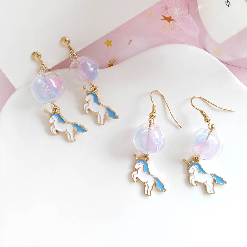 Sweet and lovely unicorn colored glass bubble earhook Japanese and Korean temperament Joker tide female earclip E3561