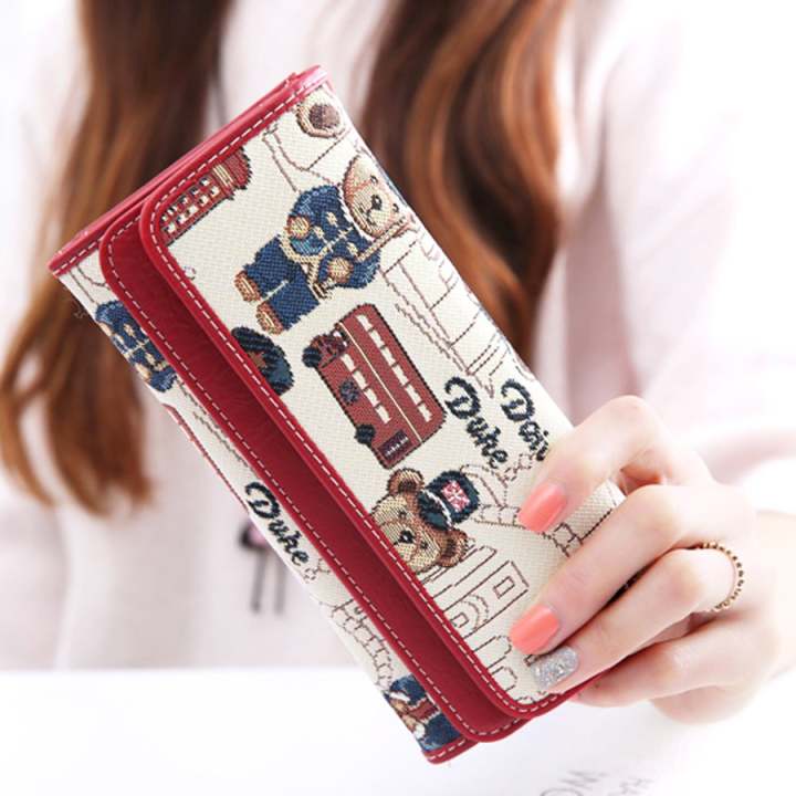 Beauty bag กระเป๋าสตางค์ใบยาว กระเป๋าเงินผู้หญิง กระเป๋าสตางค์น่ารัก ลายหมี รุ่น LW-032 (สีแดง/ครีม)
