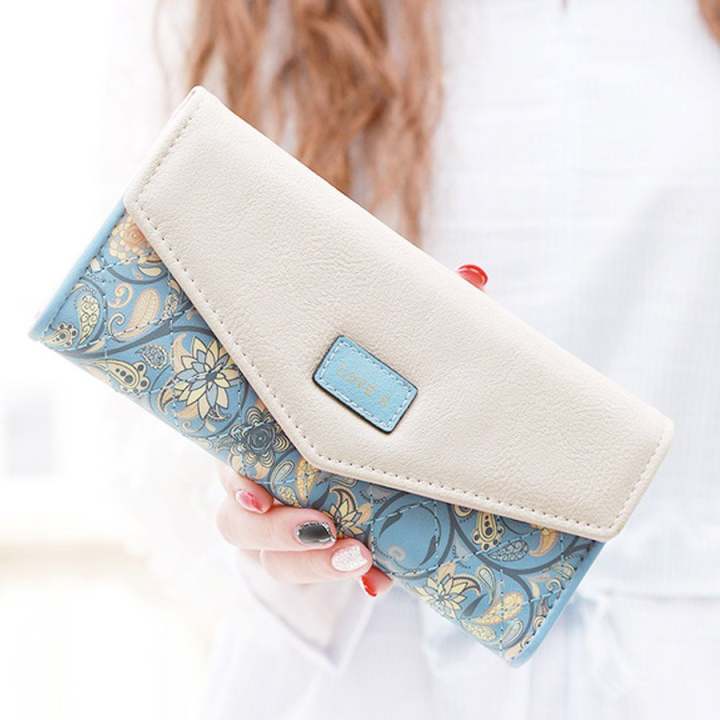 Beauty bag กระเป๋าสตางค์ใบยาว กระเป๋าเงินผู้หญิง กระเป๋าสตางค์น่ารัก รุ่น LW-017 (สีฟ้า/สีขาว)