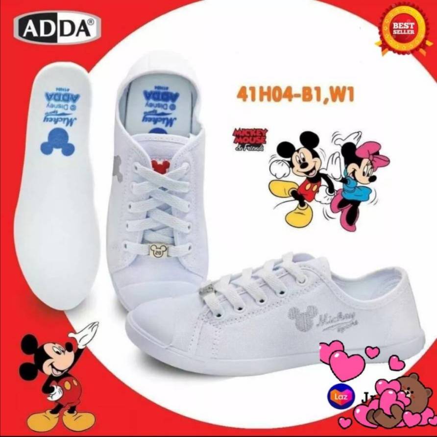 รองเท้าผ้าใบนักเรียนสีขาวผูกเชือก Adda รุ่น 41H04-B1 ลายมิ๊กกี้เม้าส์