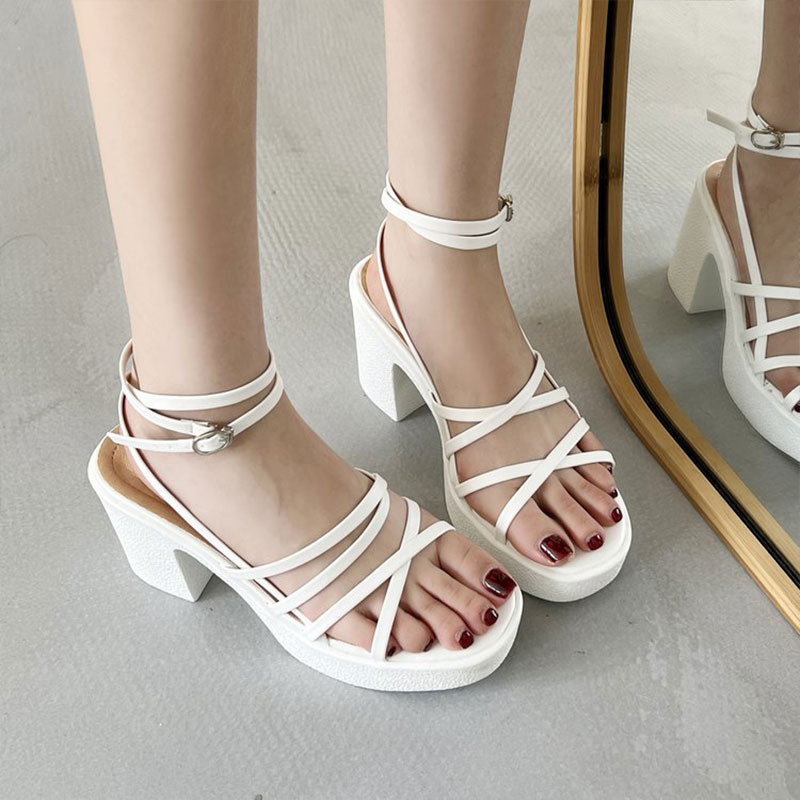 QiaoYiLuo New thick heel sandals women's thin belt waterproof platform open toe women's shoes cross straps Korean style Roman shoes trend
