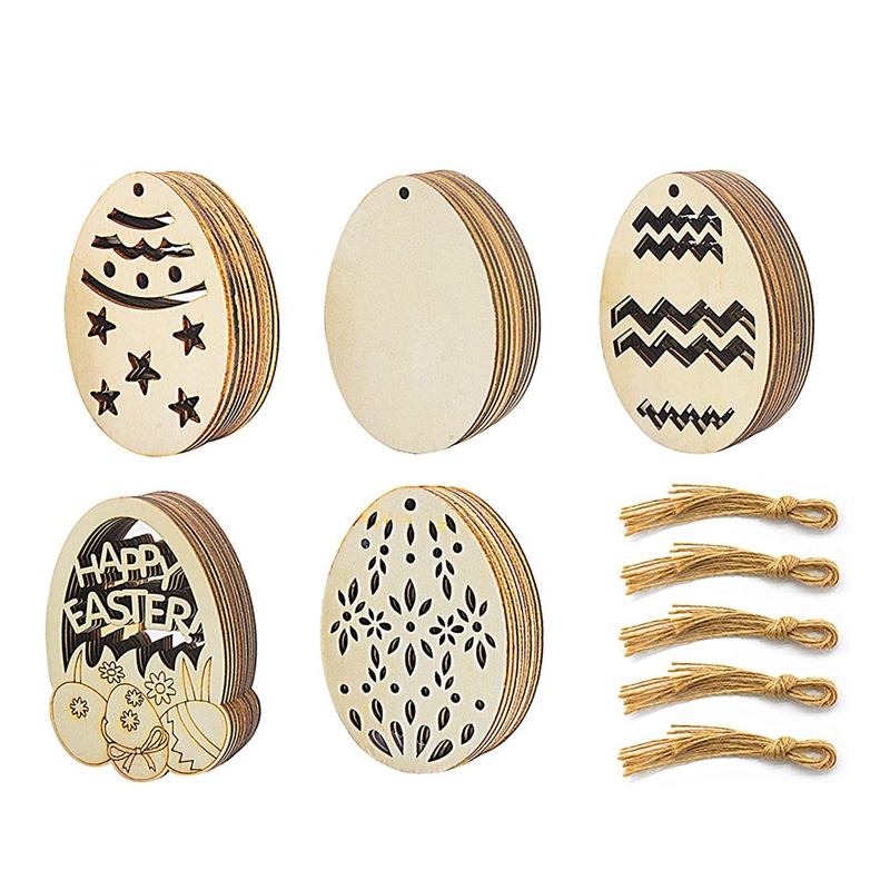 50 Pack Easter Egg Wood Slice Ornaments DIY Wooden Egg Shape Crafts Hanging Easter Decorations for Easter Party Supplies