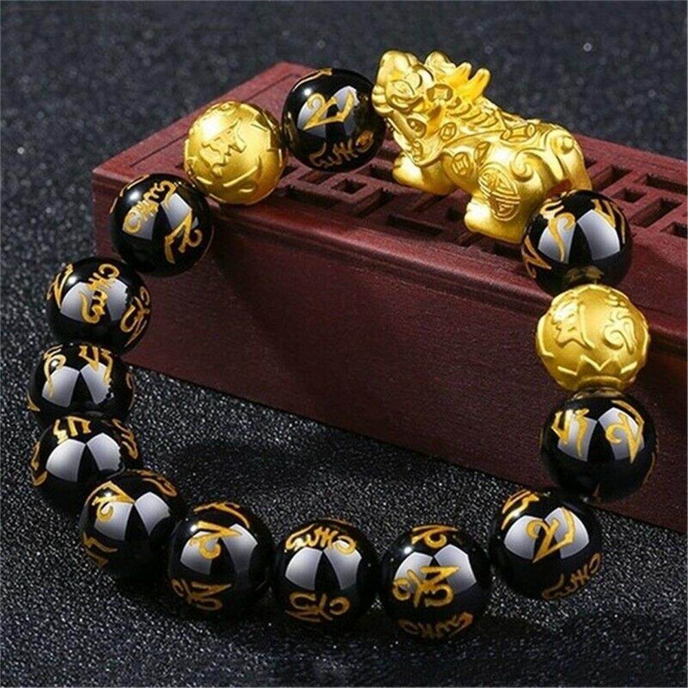 NQMODL SHOP Stretchable Elastic Handmade Blessing Lucky Amulet Black Bead Wristbands Obsidian Bangle Golden Pixiu Bracelet Black Obsidian Bracelet