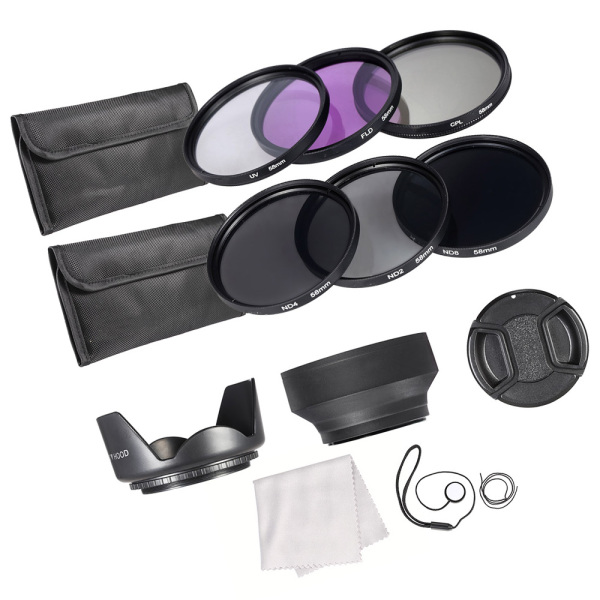 58mm Lens Kit Bộ Lọc UV + CPL + FLD + ND(ND2 ND4 ND8) với Túi Carry/Ống Kính Cap / Lens Cap Chủ/Tulip & Cao Su Mũ Trùm Ống Kính/Làm Sạch Vải