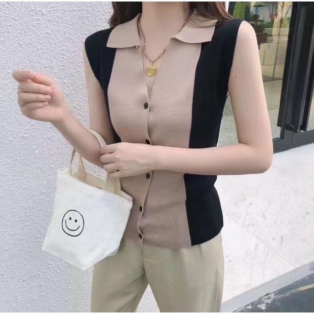 (A1023ทูโทน)เสื้อแขนกุด 4สีคอปกผ่าไหมพรม กระดุมหน้า สีทูโทน น่ารักเรียบ ...