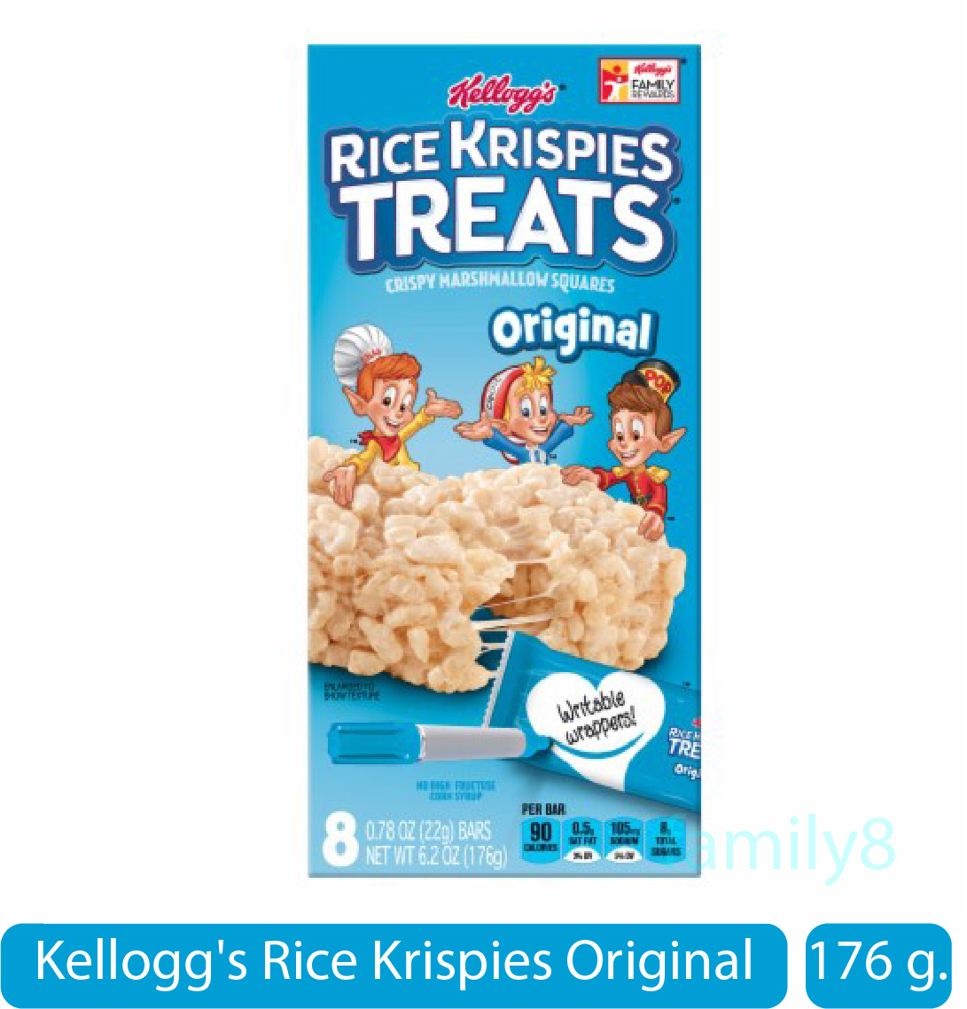 Kellogg's Rice Krispies Original 176 g.?ข้าวพองอบกรอบแบบแท่ง ตรา เคลล็อกซ์?ไรซ์ คริสปี้ ทรีทส์ ออริจินัล สแน็ค บาร์ ?Crispy Marshmallow Squares, Original