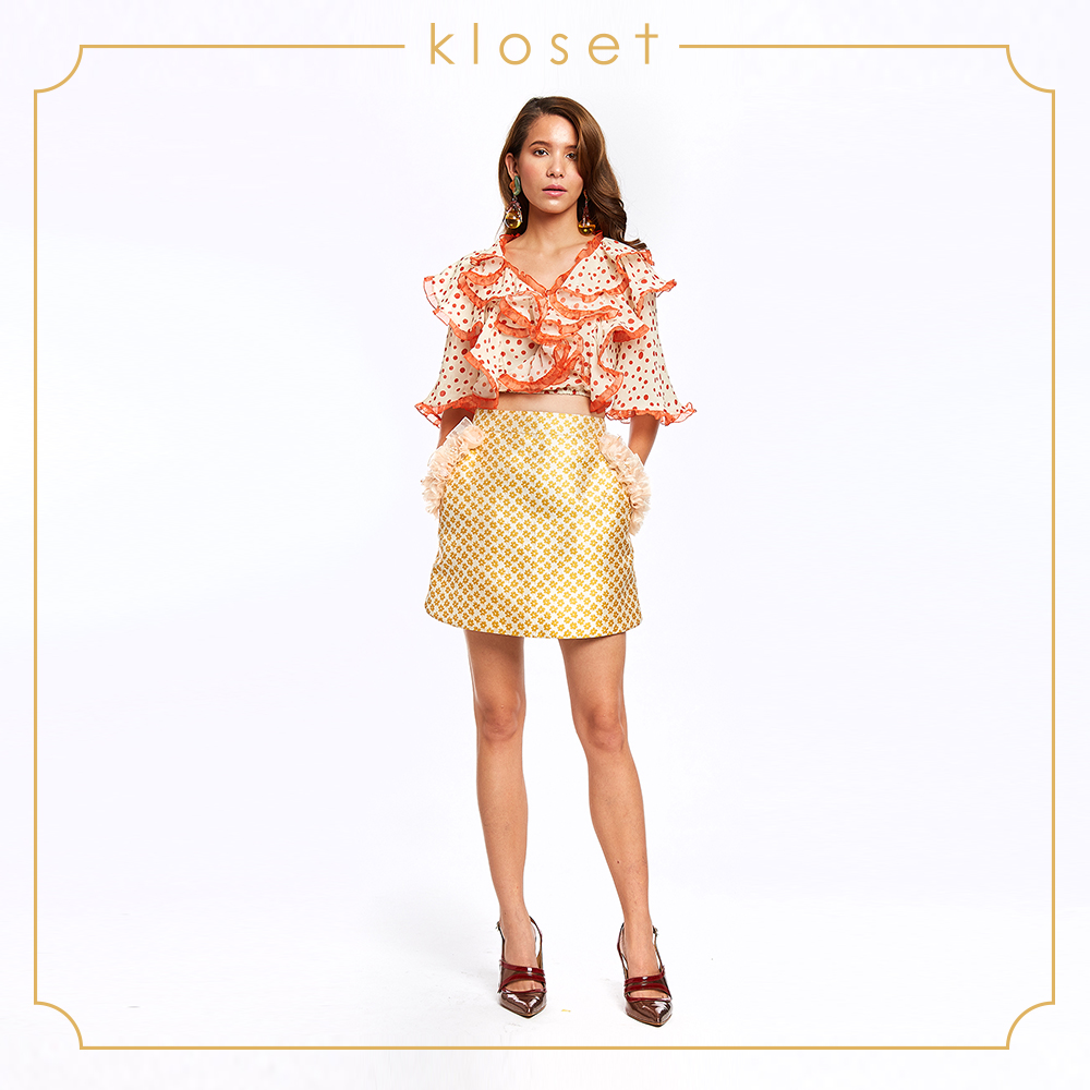 Kloset Jacquard Mini Skirt With Detail At Pocket (RS19-S001) เสื้อผ้าผู้หญิง เสื้อผ้าแฟชั่น กระโปรงแฟชั่น กระโปรงสั้น สี สีเหลือง สี สีเหลืองไซส์ S