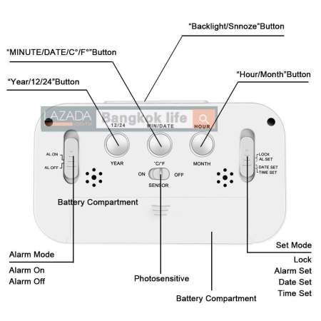awei168thai นาฬิกาปลุกตั้งโต๊ะ นาฬิกาปลุกเรื่องแสง นาฬิกาปลุก สีขาว