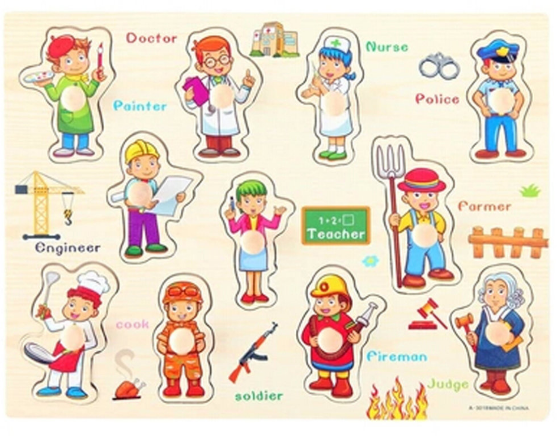 จิ๊กซอร์ไม้บอร์ดเด็กของเล่นเด็กการเรียนภาษาอังกฤษขั้นพื้นฐานสำหรับเด็ก     Wooden Peg Puzzle Boards Kids Toy, Basic English Learning for Children สี อาชีพ (Occupations) สี อาชีพ (Occupations)